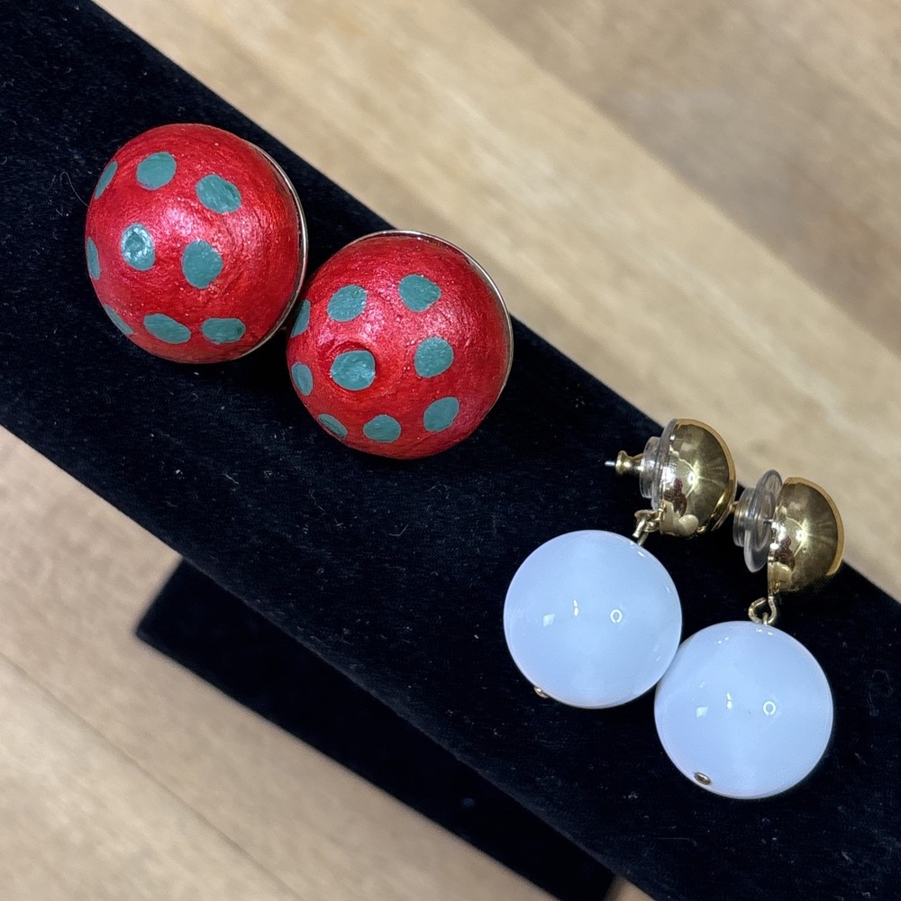 Vintage Monet Earrings Lot of 2 Retro Polka Dot Clip On Gold Tone Dangle